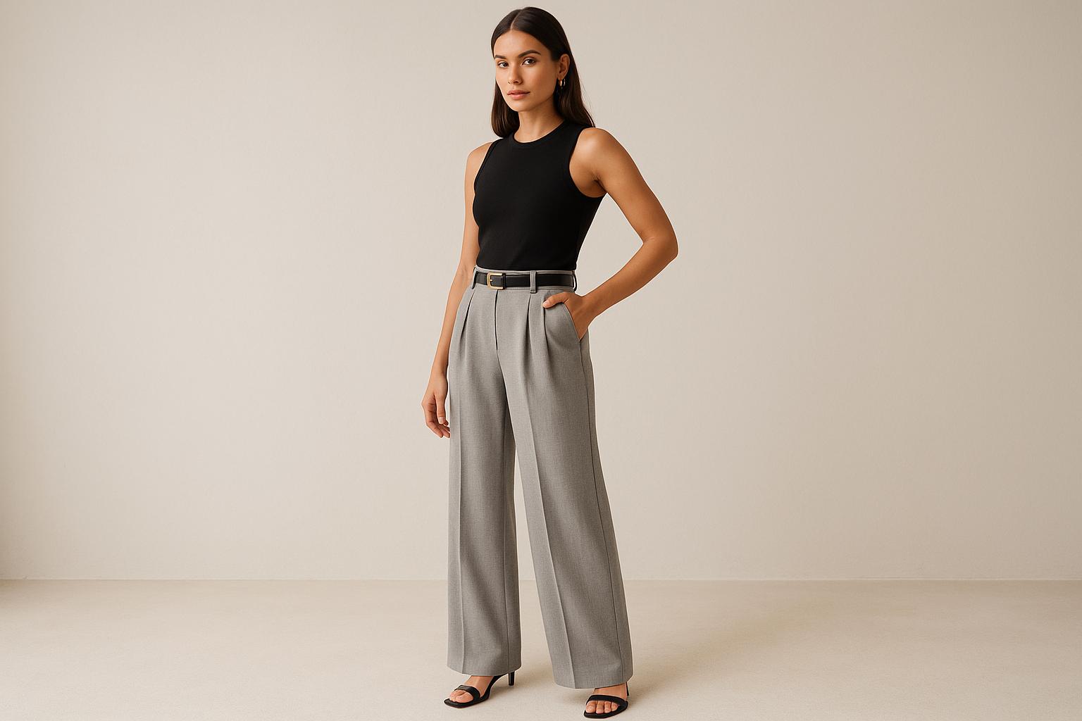 Calça pantalona alfaiataria premium com bolso, botão e passadeira, perfeita para um estilo elegante e confortável. Invista na sofisticação e versatilidade do seu look. (imagem gerada com inteligência artificial)