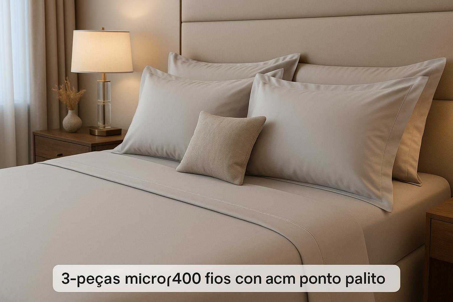 Jogo de lençol 3 peças em Micropercal 400 fios com acabamento ponto palito oferece conforto, durabilidade e elegância para diferentes tamanhos de cama. (imagem gerada com inteligência artificial)