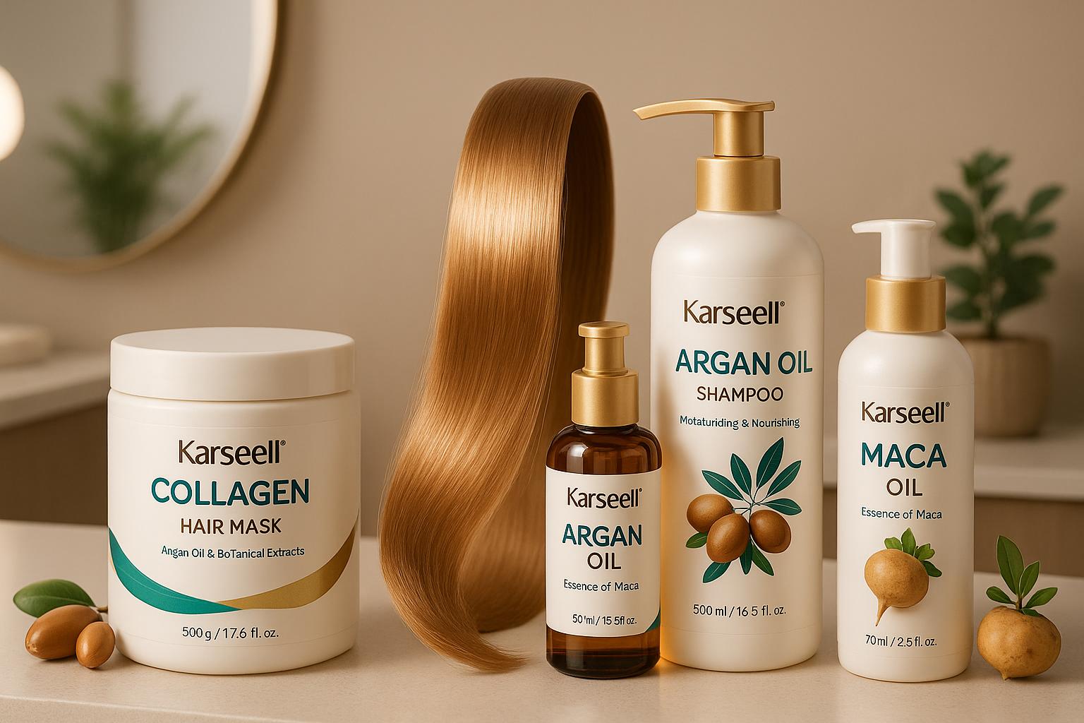 Kit Completo Karseell: máscara, shampoo, condicionador e óleo para cabelos nutridos, macios, brilhantes e resistentes, com ação reparadora e efeito salões em casa. (imagem gerada com inteligência artificial)