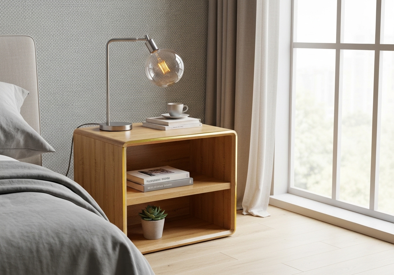 Mesa de cabeceira Eggers Palma: design retro minimalista, 2 nichos amplos, 45x30,9x24,3 cm, montagem por parafusos, perfeita para quarto ou sala com elegância prática. (imagem gerada com inteligência artificial)