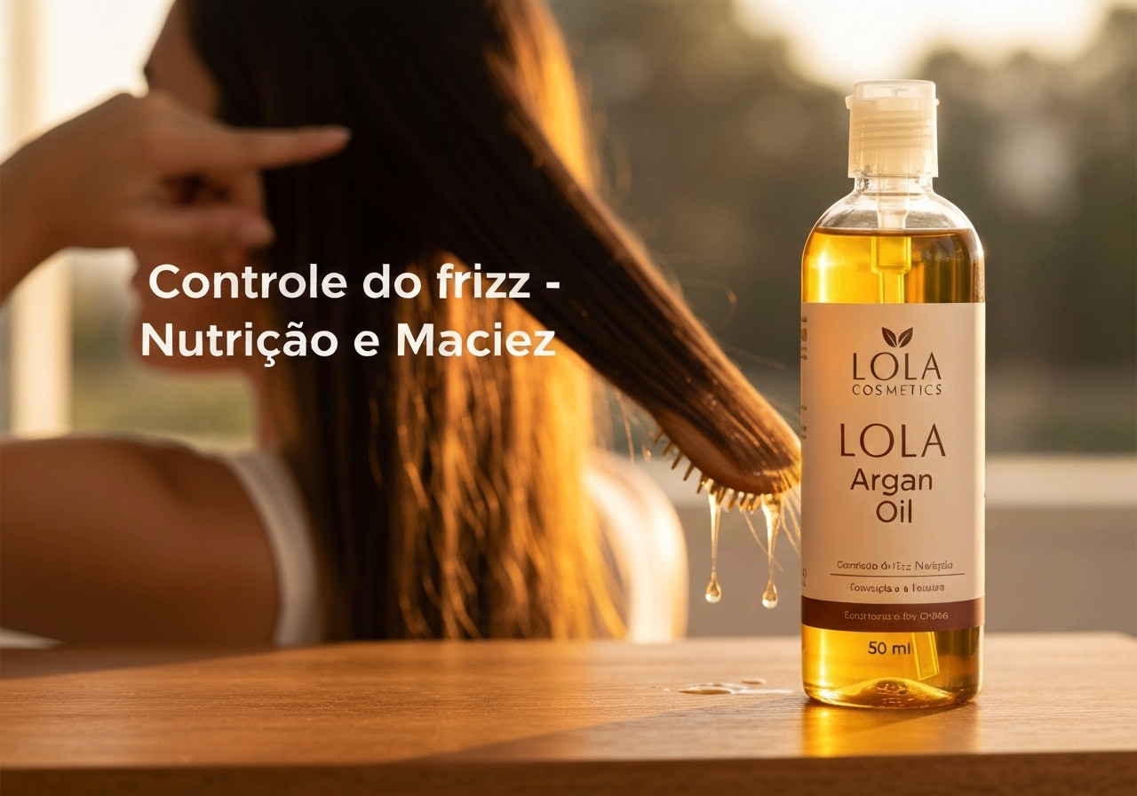 Óleo capilar Lola Cosmetics Argan Oil 50ml: leve, de toque seco, controla frizz e estática, nutre profundamente, reduz 75% de frizz e restaura maciez em 7 dias. (imagem gerada com inteligência artificial)
