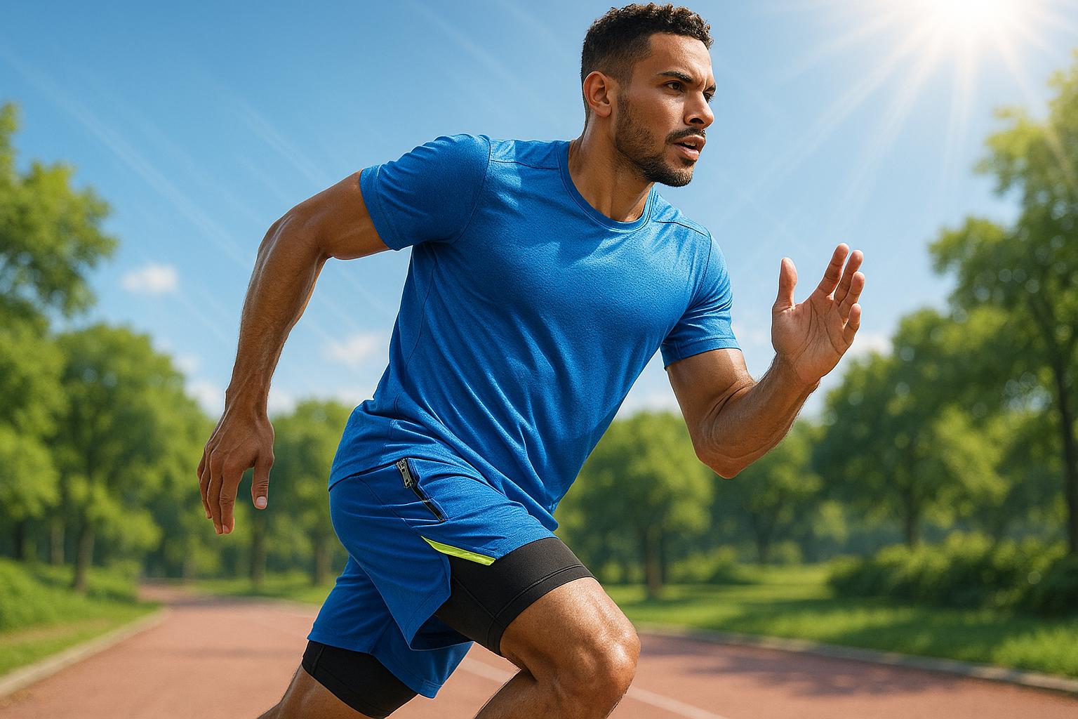 Shorts esportivo masculino 2 em 1, ideal para academia, corrida e treinos. Leve, com tecnologia Dry Fit, proteção UV, bolsos com zíper e ajuste confortável para sua performance. (imagem gerada com inteligência artificial)