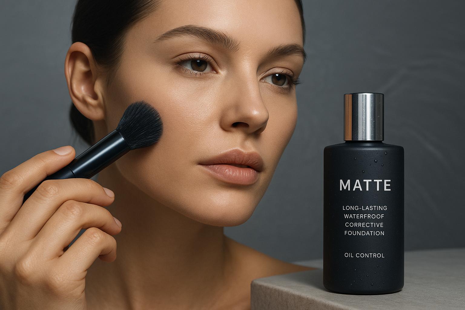 Base corretiva fosca, à prova d'água e de longa duração. Hidrata, cobre plenamente e controla óleo, garantindo um acabamento matte e natural por horas. (imagem gerada com inteligência artificial)