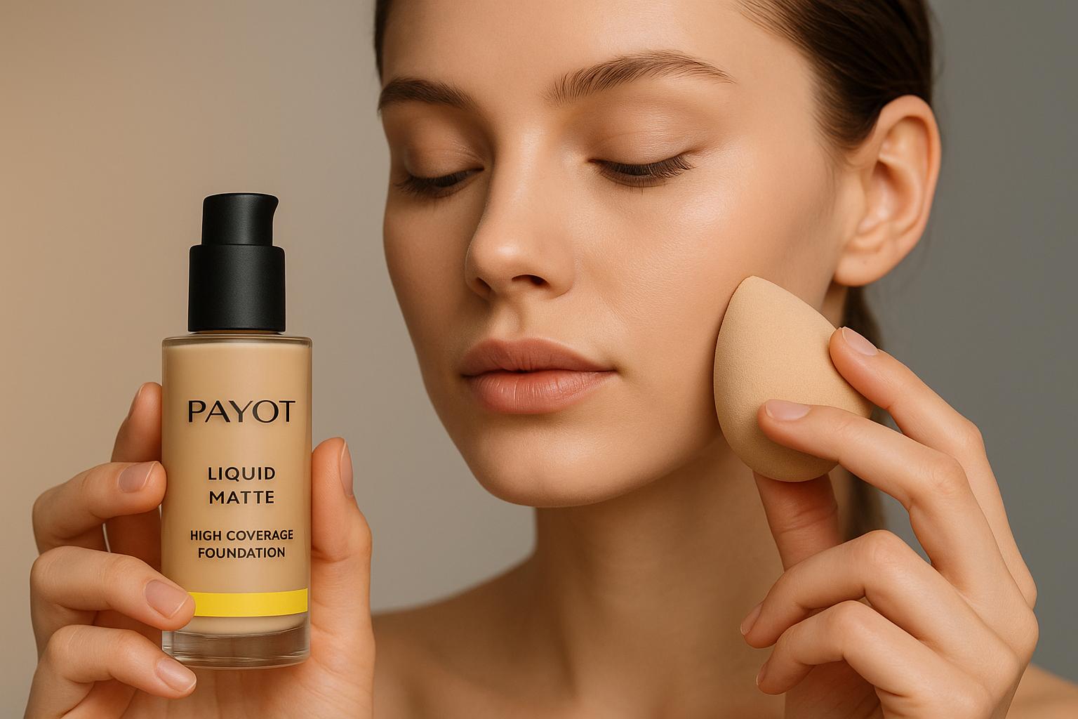 Base líquida Payot 30ml: alta cobertura, acabamento matte, textura cremosa e oil‑free, longa duração, resistente à água, não transfere e com niacinamida. (imagem gerada com inteligência artificial)