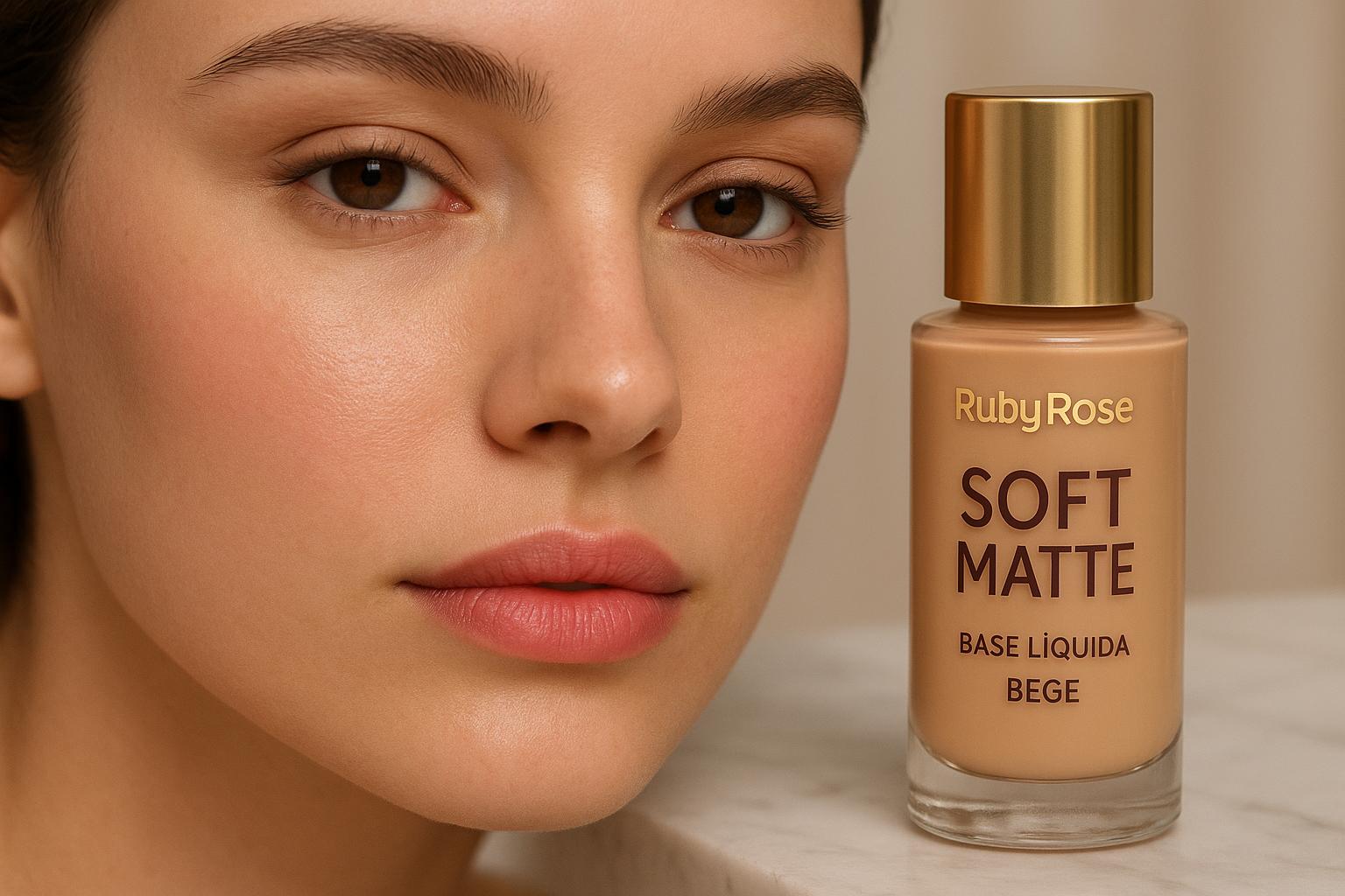 Ruby Rose Soft Matte Liquid foundation entrega cobertura média‑alta, controle de oleosidade e acabamento natural matte, ideal para longa duração e aplicação suave. (imagem gerada com inteligência artificial)