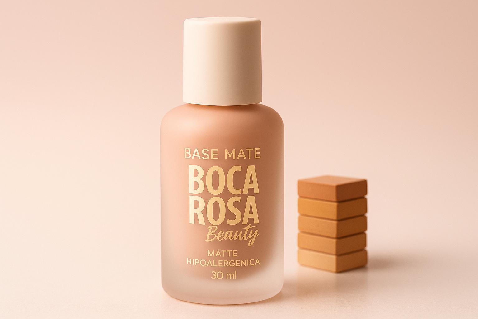 Descubra a Base Mate Boca Rosa Beauty 30ml: alta cobertura, acabamento matte que não resseca a pele, fórmula hipoalergênica e 50 tons para todos os tipos de pele. (imagem gerada com inteligência artificial)