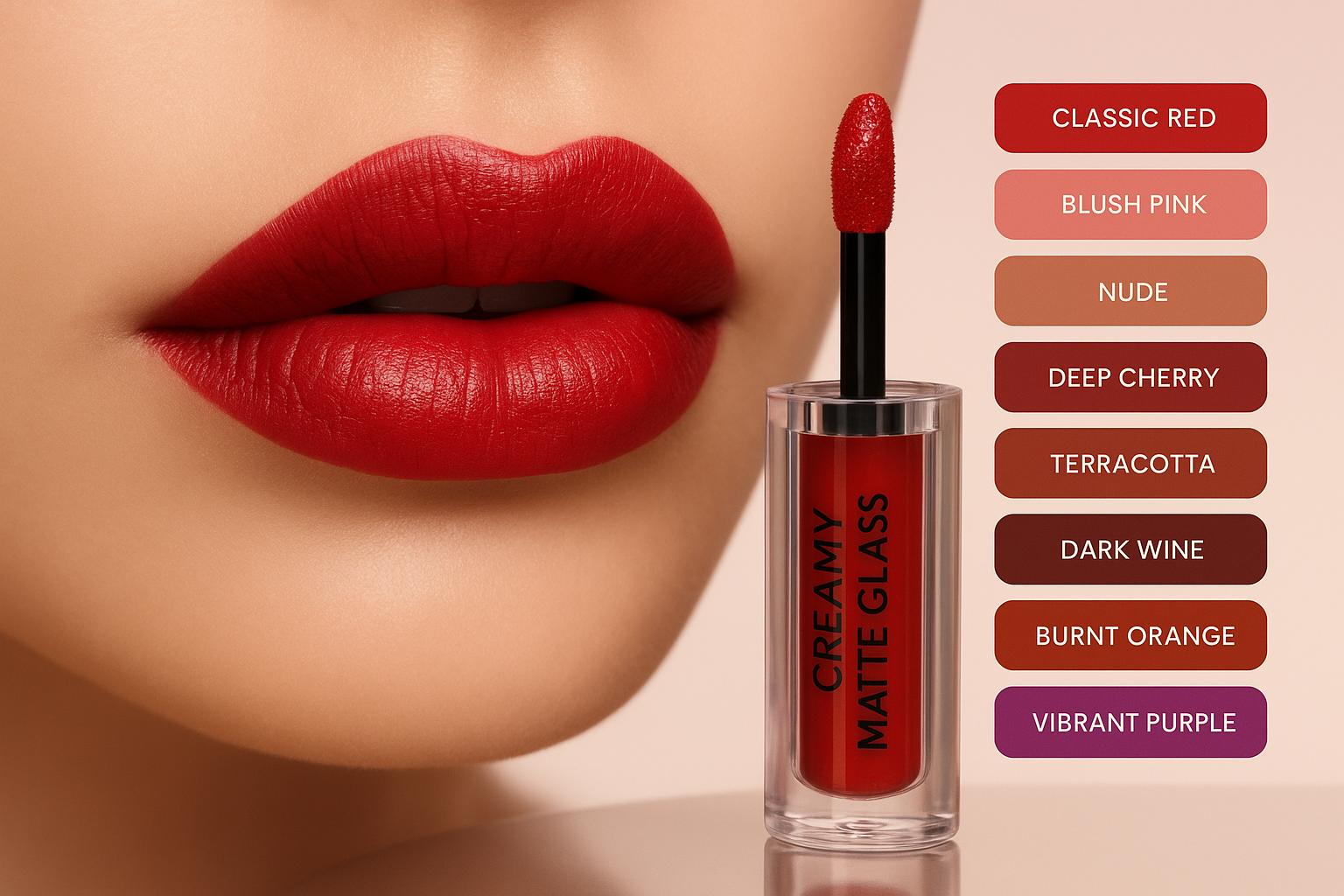Descubra o Batom Creamy Matte Glass Ruby Rose: 8 cores vibrantes, cobertura alta, textura cremosa, acabamento matte aveludado, longa duração sem rachaduras. (imagem gerada com inteligência artificial)