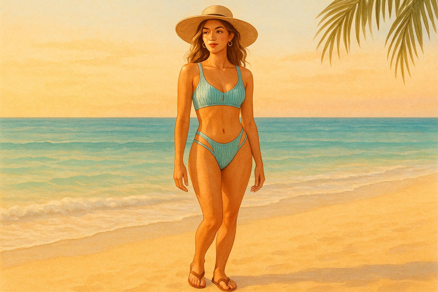 Biquíni aviador canelado com top fixo e calcinha asa delta fio duplo: conforto, textura única, tamanhos P a G, frete grátis e cashback. Perfeito para praia e piscina. (imagem gerada com inteligência artificial)