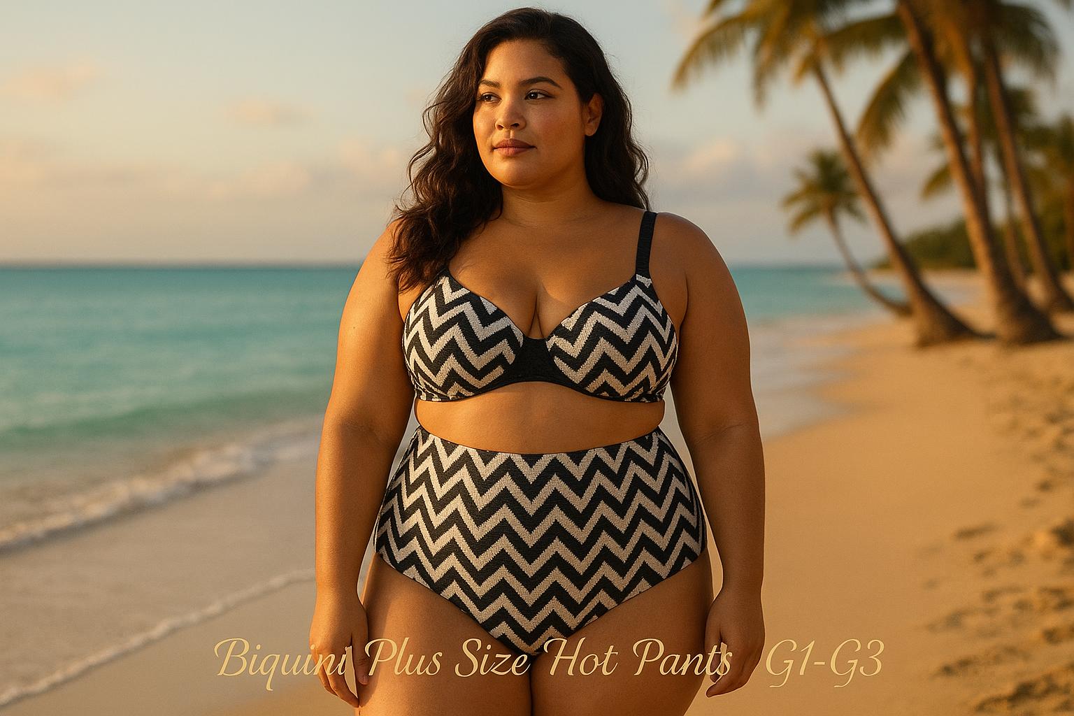 Biquíni Plus Size Hot Pants G1‑G3: meia taça com bojo, cintura alta, tecido zig‑zag, 92% poliéster + 8% elastano, estilos vibrantes. Modela, valoriza curvas. (imagem gerada com inteligência artificial)