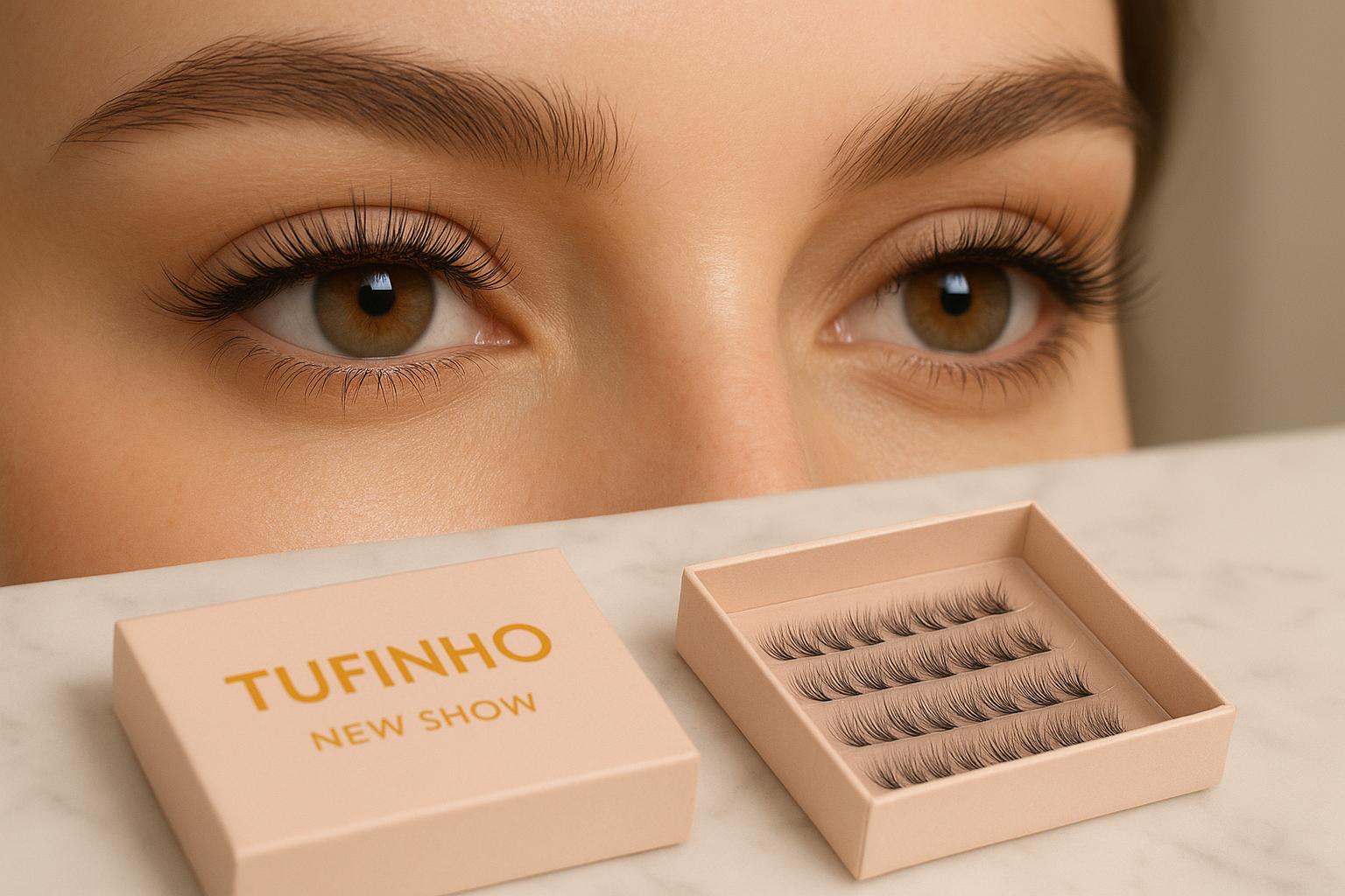 Cartela de cílios New Show Tufinho oferece 10 a 40 tufos em diversas densidades, personalizáveis ao formato do olhar, leves, duráveis e com frete grátis. (imagem gerada com inteligência artificial)