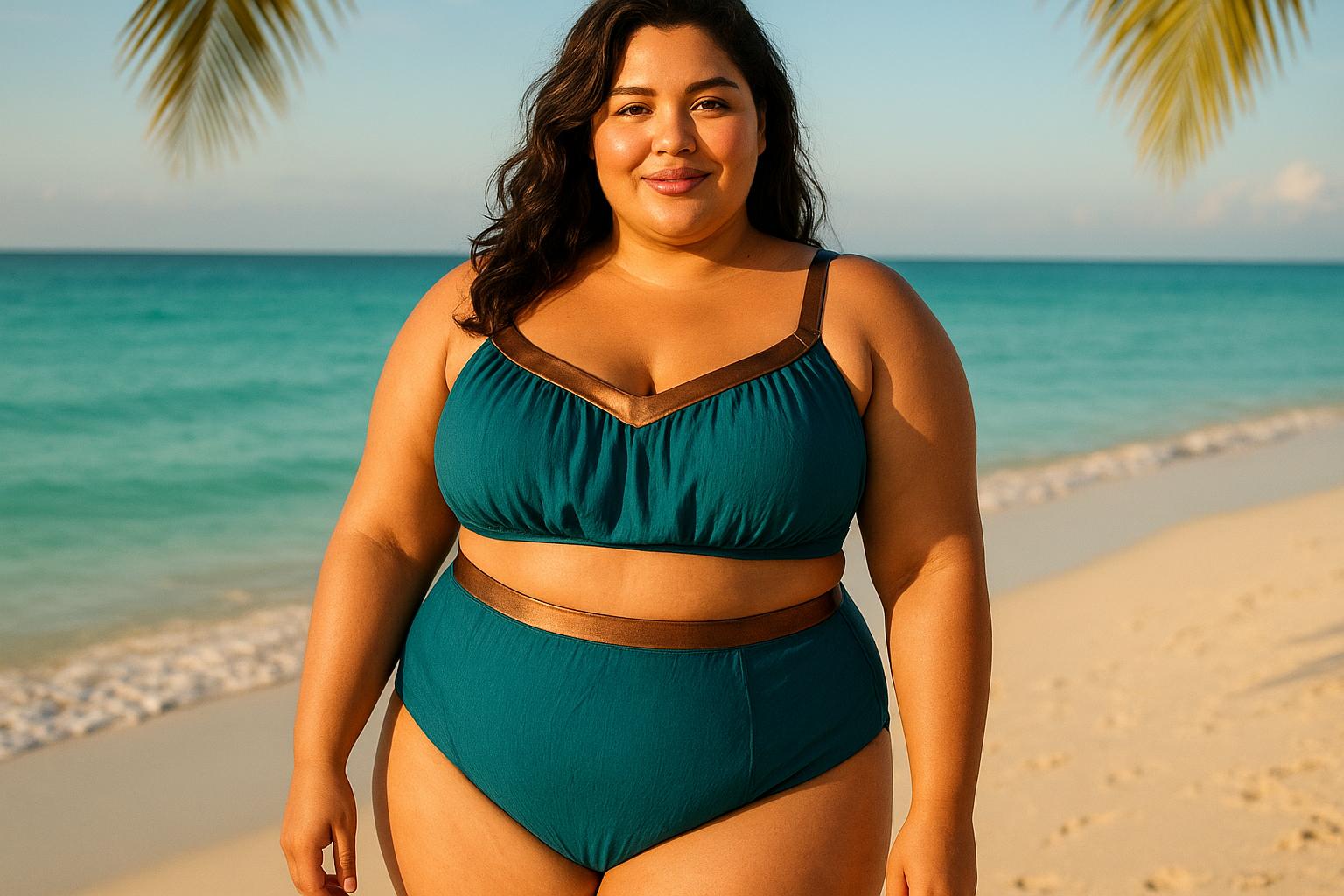 Biquíni cortininha em tecido anarruga, com fita bronze, disponível em 33 cores e tamanhos plus size. Conforto, estilo e fácil cuidado, frete grátis com cupom. (imagem gerada com inteligência artificial)