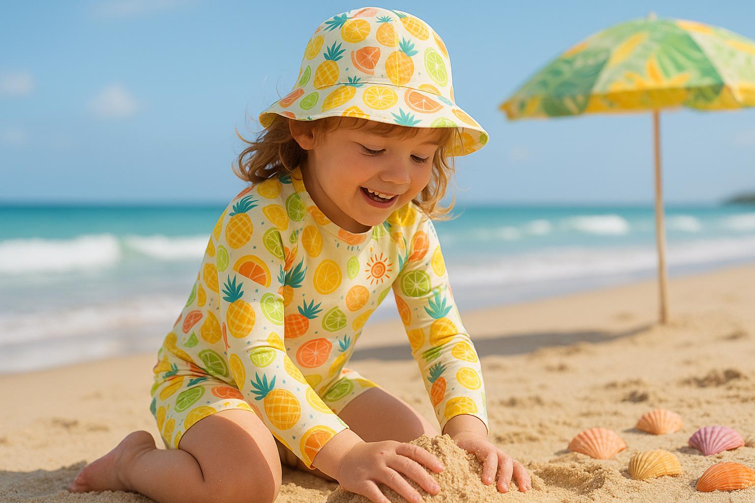 Conjunto biquíni infantil com manga longa, calcinha e estampa de frutas tropicais; proteção UV, tecido Suplex Premium, 2‑10 anos, conforto e durabilidade. (imagem gerada com inteligência artificial)