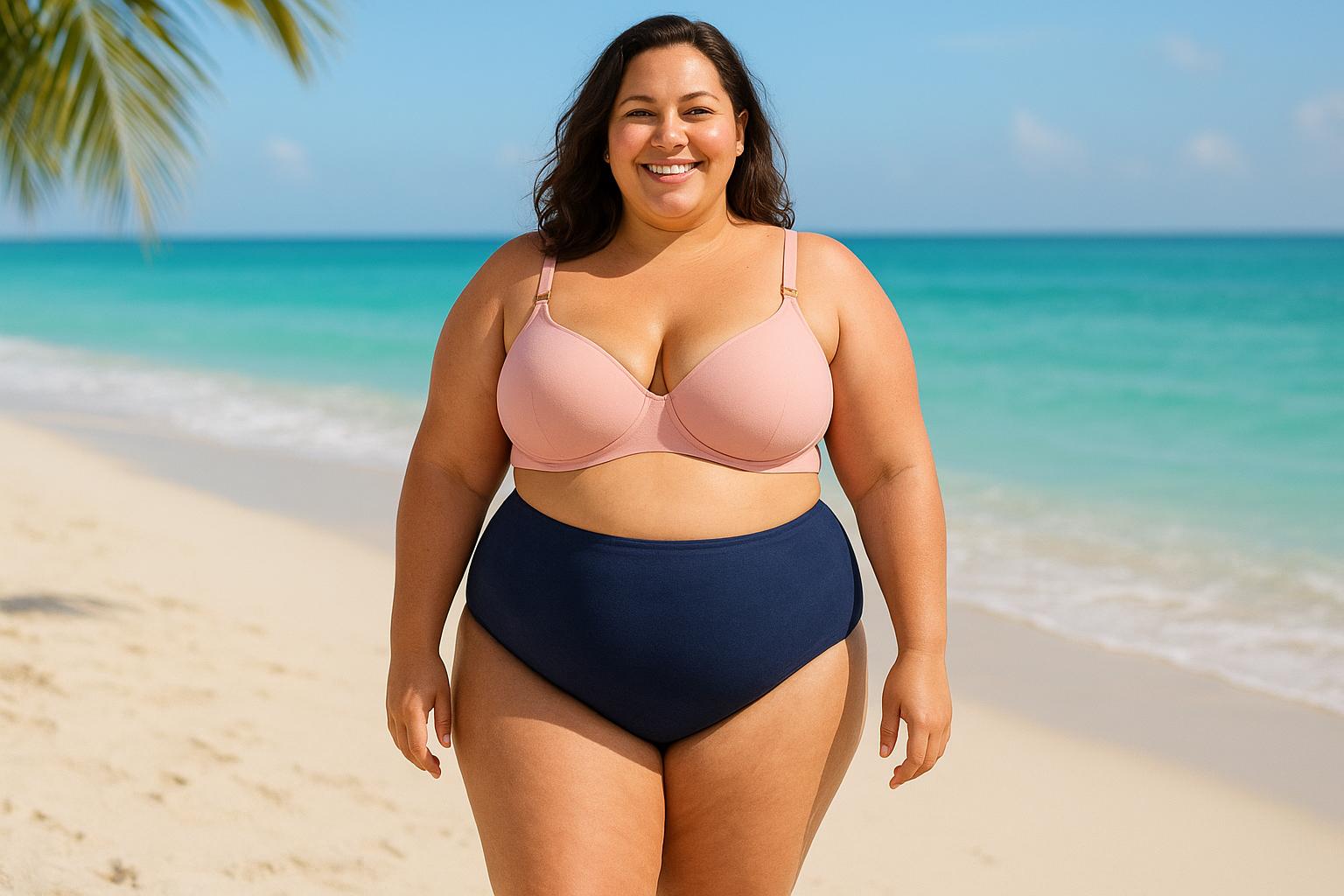 Descubra o biquíni hot pant forrado, cintura alta e bojo removível, tamanho 38 a 56. Suplex suave, costura embutida e versatilidade com bojo intercambiável. (imagem gerada com inteligência artificial)