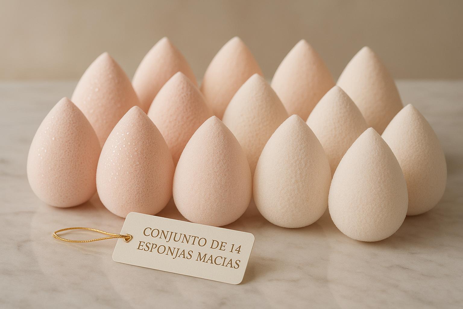14 esponjas de maquiagem macias, perfeitas para qualquer pele. Use-as secas para pó ou molhadas para bases líquidas, garantindo cobertura uniforme e econômica. (imagem gerada com inteligência artificial)