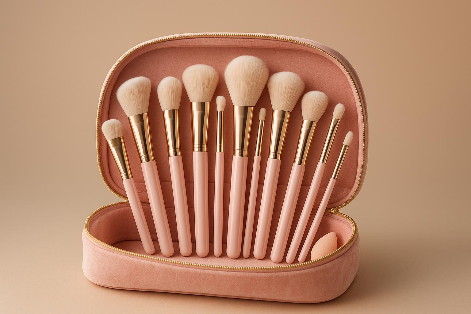 Kit 13 pincéis de maquiagem profissional com bolsa de veludo em cores verde, rosa, marrom, azul e amarelo. Versátil, portátil e perfeito para looks impecáveis. (imagem gerada com inteligência artificial)