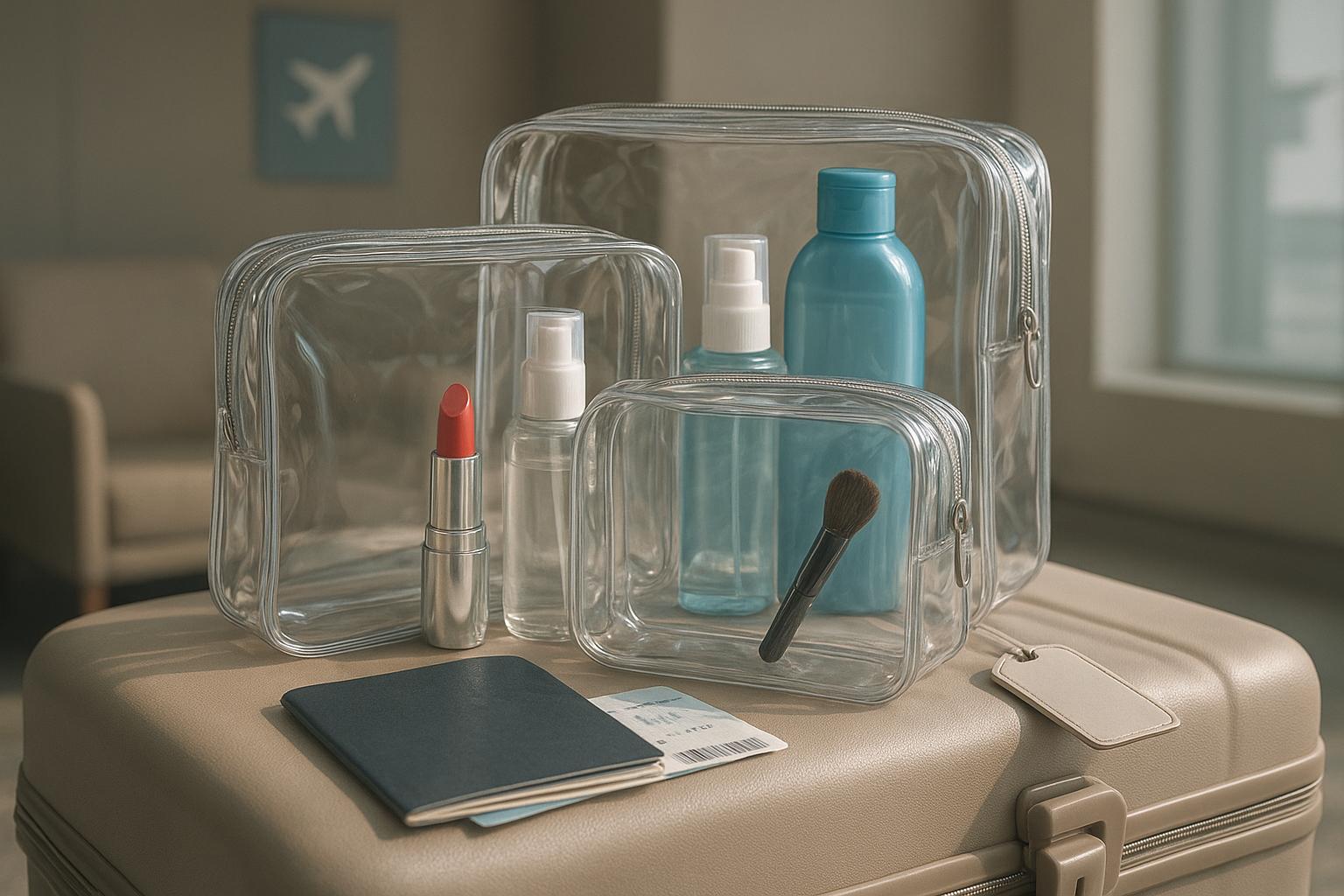 Kit 3 Necessaire de PVC transparente: leve, durável e multifuncional, protege cosméticos, higiene e itens de viagem, ideal para aeroportos, praias e dia a dia. (imagem gerada com inteligência artificial)