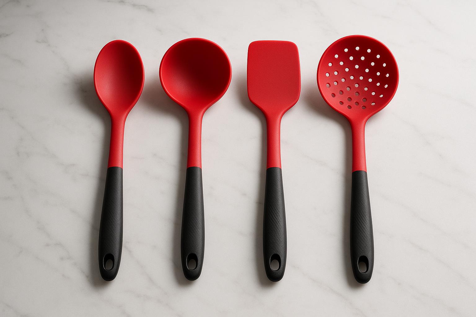 Kit de 4 utensílios de silicone em vermelho e preto: alta resistência, antiaderente, térmico, livre de BPA, ergonômicos e fáceis de limpar. Pronto entrega! (imagem gerada com inteligência artificial)