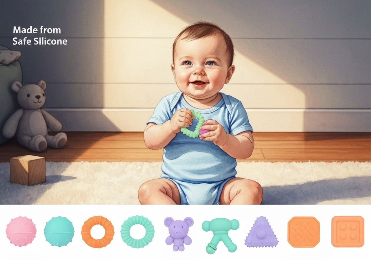 Kit 8 mordedores sensoriais de silicone macio com chocalhos, bolinhas e argolas. Estimula coordenação e tato, é seguro e ideal para bebês de 3 meses em diante. (imagem gerada com inteligência artificial)