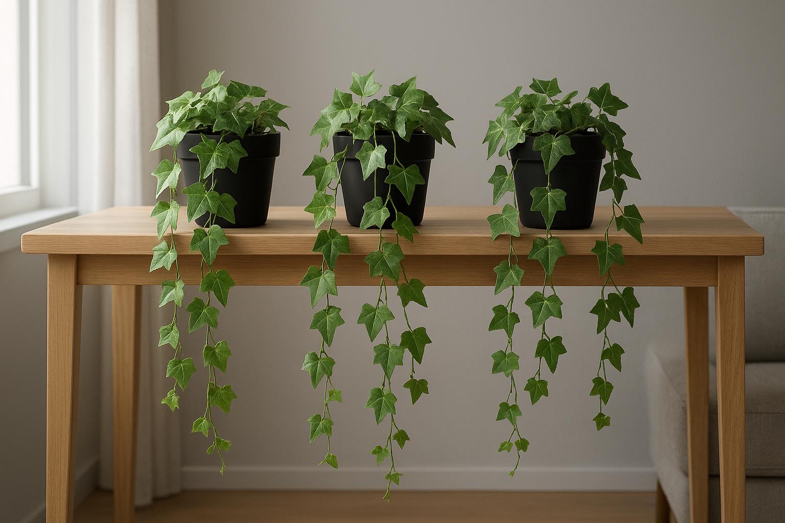 Kit completo de 3 vasos pretos e 3 pendentes com folhagem de Hera. Fácil montagem, visual natural, ideal para decoração residencial e eventos. (imagem gerada com inteligência artificial)