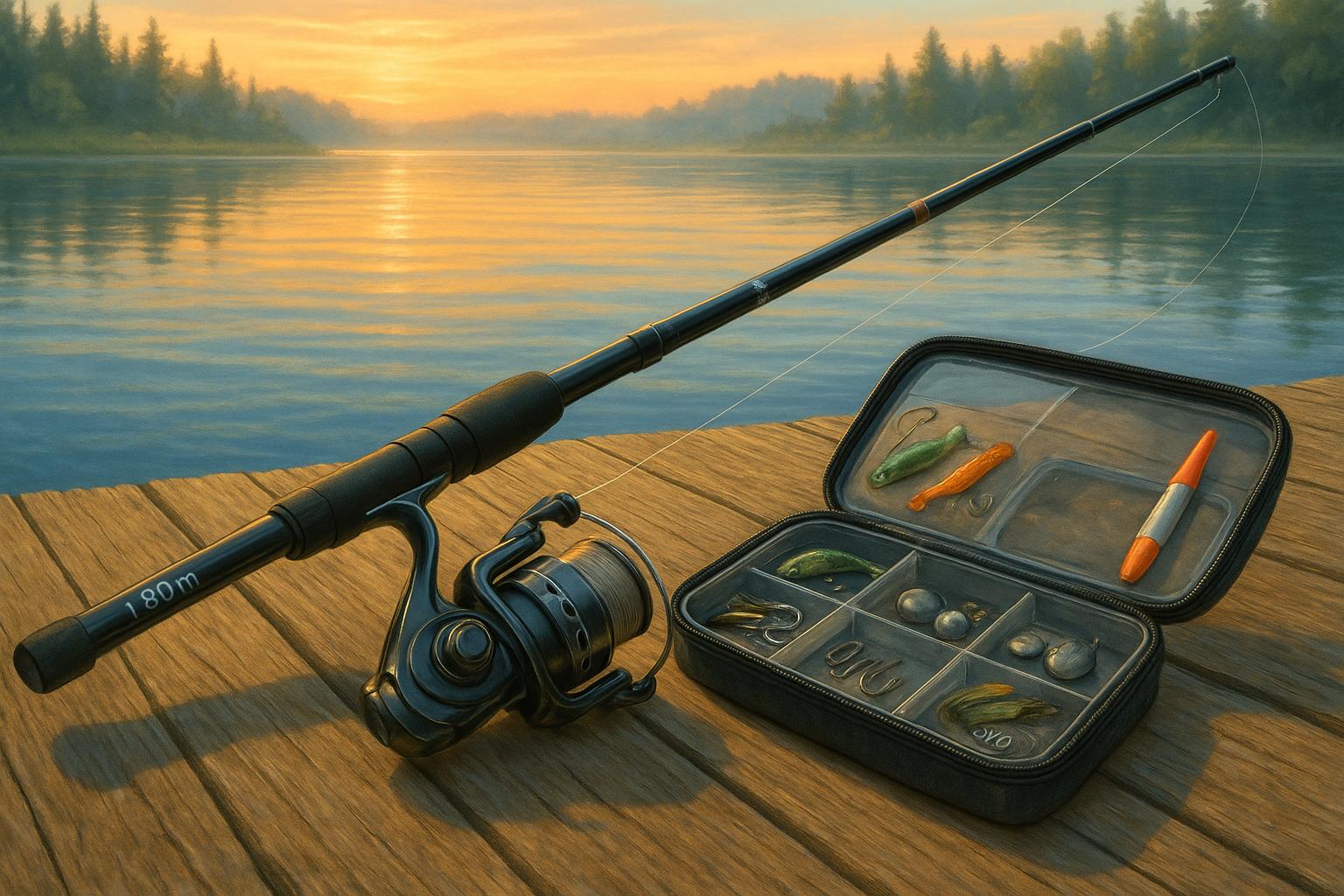 Kit completo com vara telescópica 1,80m, molinete plástico, linha pré-carregada, iscas, anzóis e chumbadas – pronto para lançar e capturar peixes com facilidade. (imagem gerada com inteligência artificial)