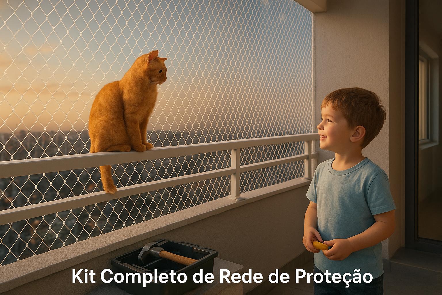 Kit completo de rede de proteção de 2,5 mm e 500 kg/m², anti‑UV, ideal para sacadas, janelas, pets e crianças. Inclui ganchos, buchas e manual de instalação. (imagem gerada com inteligência artificial)