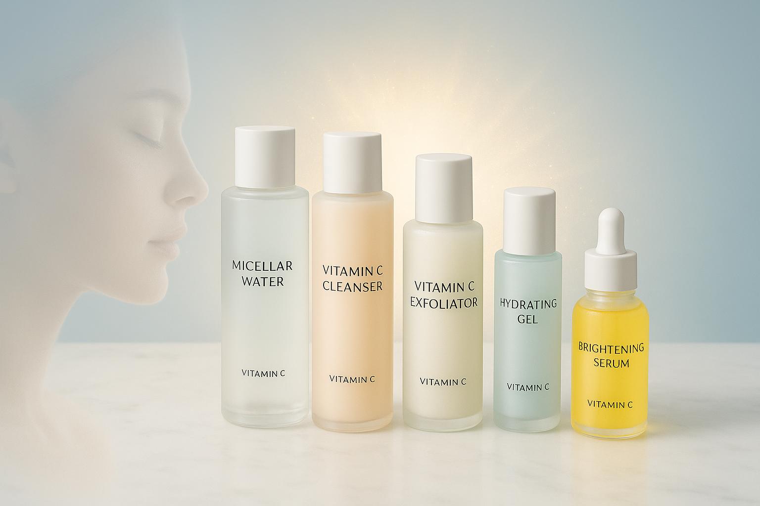 Kit Dermachem Vitamina C: limpeza, esfoliação, hidratação e clareamento em 5 passos. Reduz manchas, melasma e linhas de expressão, deixando a pele luminosa e firme. (imagem gerada com inteligência artificial)