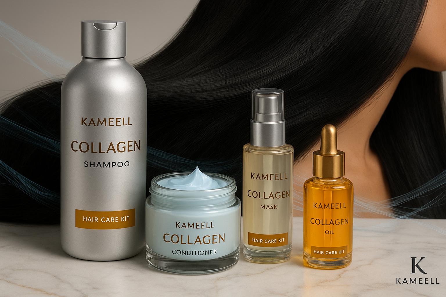 Kit Completo Kameell Professional Collagen oferece shampoo, condicionador, máscara e óleo com colágeno, deixando fios fortes, hidratados e com brilho de salão. (imagem gerada com inteligência artificial)