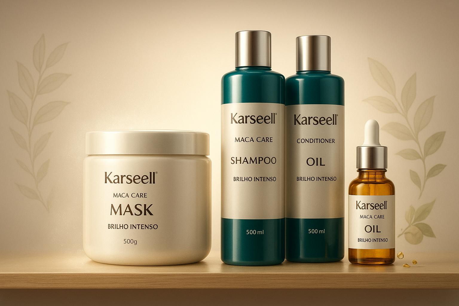 Kit completo Karseell: máscara 500g, shampoo 1L, condicionador 1L e óleo 50ml. Hidratação profunda com colágeno, argan e maca, fortalecendo e brilhando. (imagem gerada com inteligência artificial)