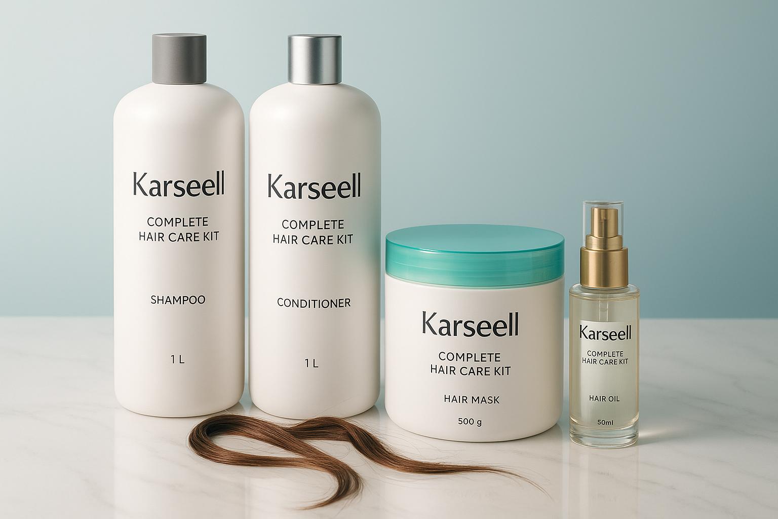 Kit completo Karseell: máscara 500g, shampoo e condicionador 1L, óleo 50ml. Colágeno, argan, maca e ceramidas hidratam, nutrem e dão brilho sem sulfato. (imagem gerada com inteligência artificial)