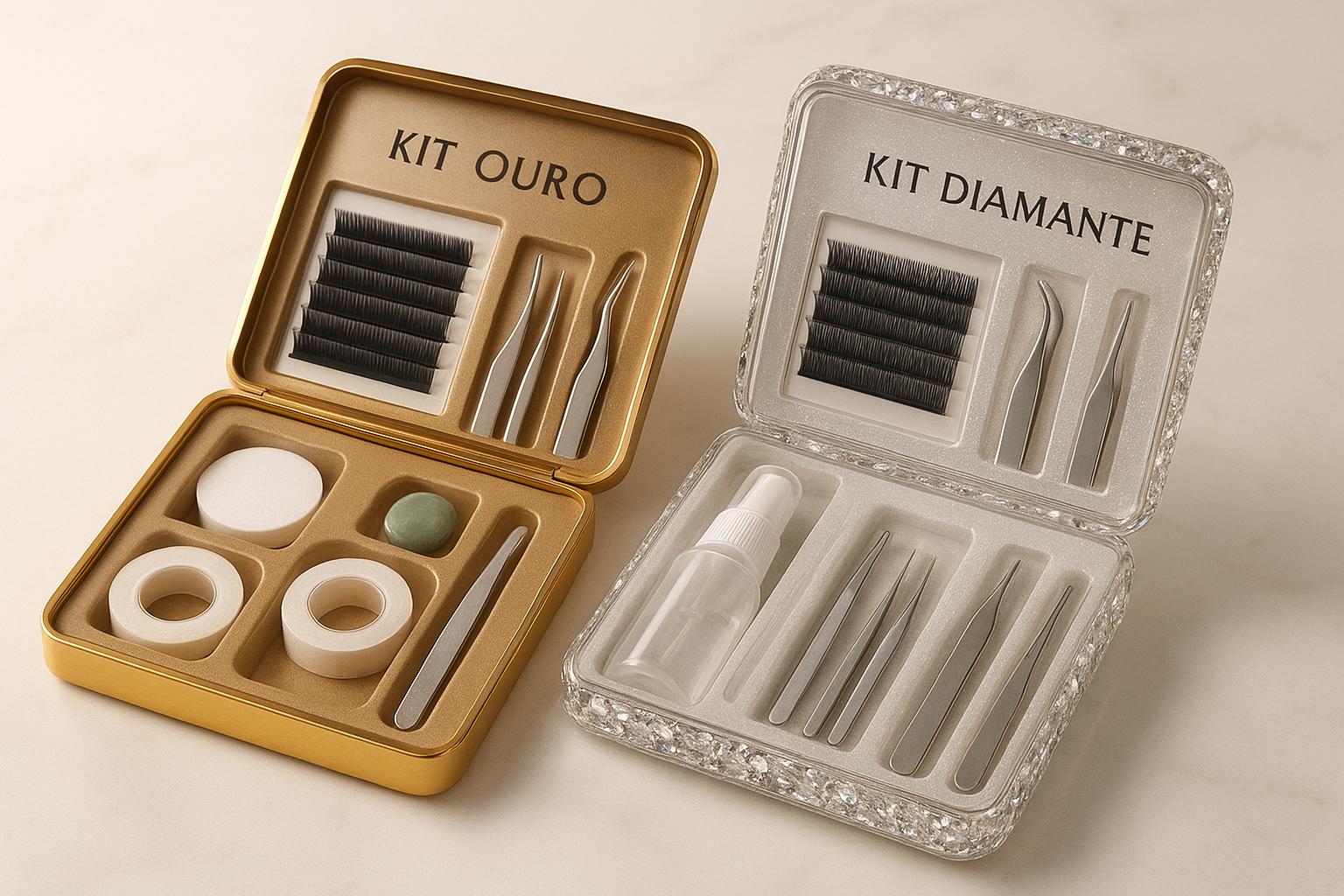 Kit completo de extensão fio a fio: Kit Ouro com pincel, pads, fitas e spray; Kit Diamante inclui pinças reta e curva. Perfeito para iniciantes e profissionais. (imagem gerada com inteligência artificial)