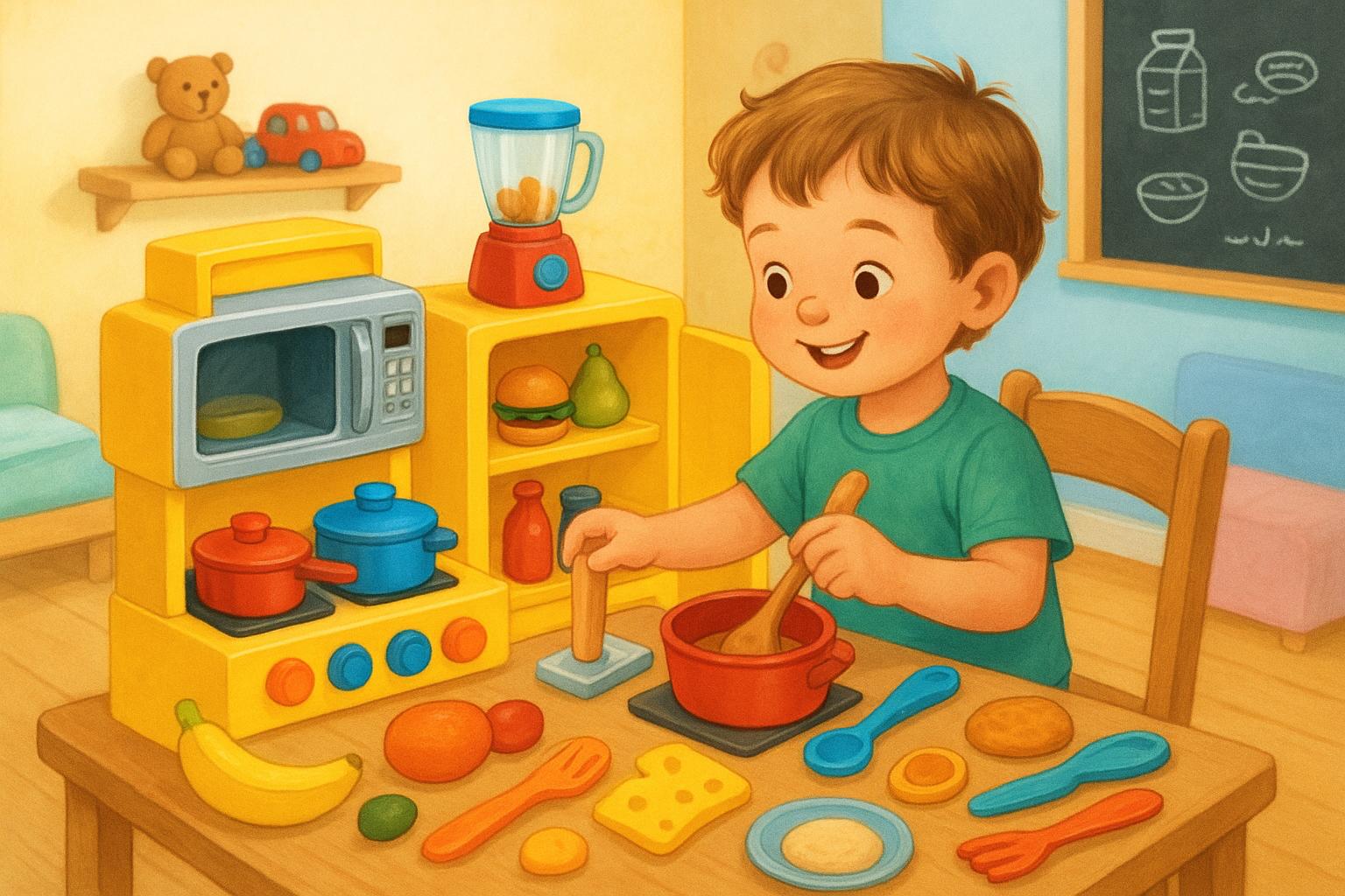 Kit de cozinha infantil 18‑32 peças: geladeira, fogão, eletrodomésticos, comidinhas e utensílios. Estimula imaginação, motoras, de 3+ anos e presente perfeito. (imagem gerada com inteligência artificial)