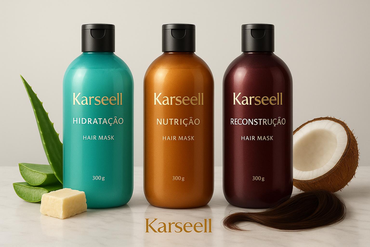 Kit Karseell: 3 máscaras 300g que hidratam, nutrem e reconstroem fios. Com Aloe, karité, queratina, oferece maciez, brilho e força no conforto de casa. (imagem gerada com inteligência artificial)