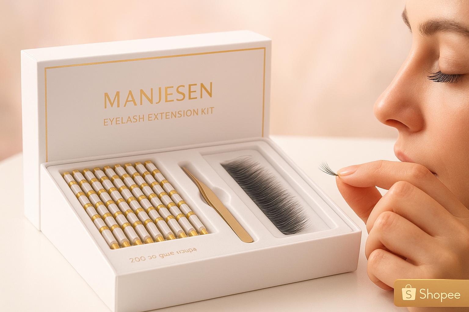 Kit Manjesen de 200 colas e pinças com cílios ondulados D: extensão DIY, natural, prática e econômica. Qualidade, versatilidade e segurança garantidas. (imagem gerada com inteligência artificial)