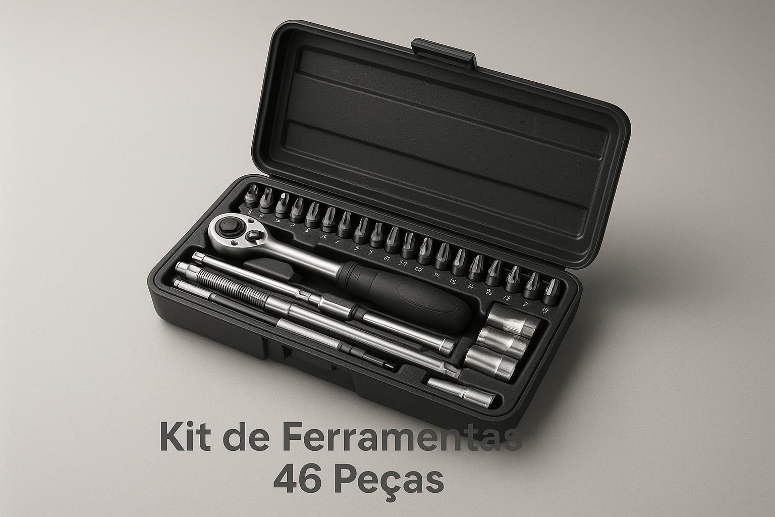 Kit de 46 peças: soquetes 1/4", chaves hexagonais, catraca reversível, maleta prática e aço cromo‑vanádio. Ideal para reparos domésticos e profissionais. (imagem gerada com inteligência artificial)