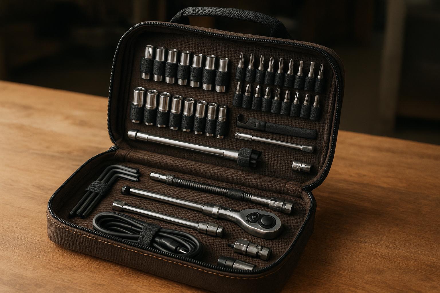 Kit de 46 peças: soquetes, bits, catraca reversível, extensões e maleta em aço cromo‑vanádio. Prático, durável, ideal para profissionais e entusiastas. (imagem gerada com inteligência artificial)