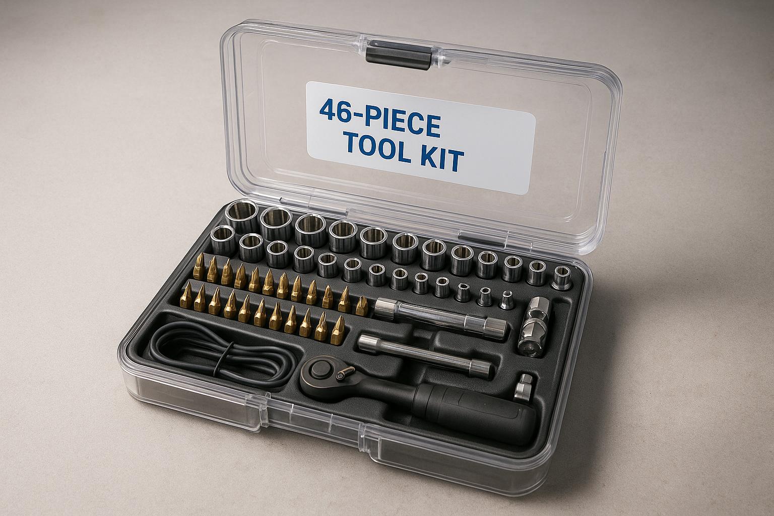 Kit completo de 46 peças: soquetes 1/4”, bits versáteis, catraca reversível, maleta termo‑resistente. Ideal para manutenção e reparos domésticos e profissionais. (imagem gerada com inteligência artificial)