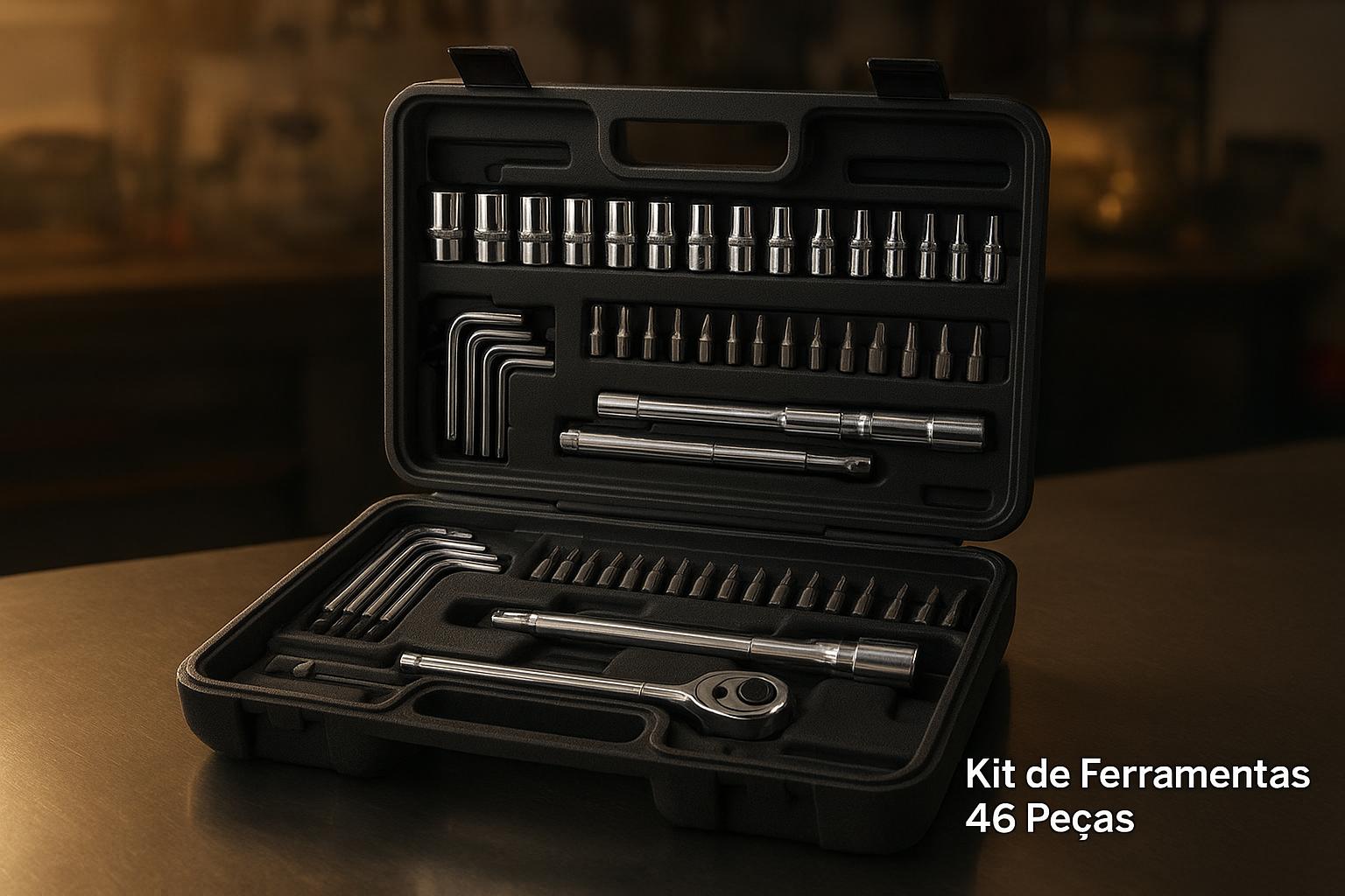 Kit de 46 peças com soquetes, bits, chaves, catracas reversíveis, extensões e maleta resistente. Perfeito para reparos automotivos, montagem e DIY com praticidade. (imagem gerada com inteligência artificial)