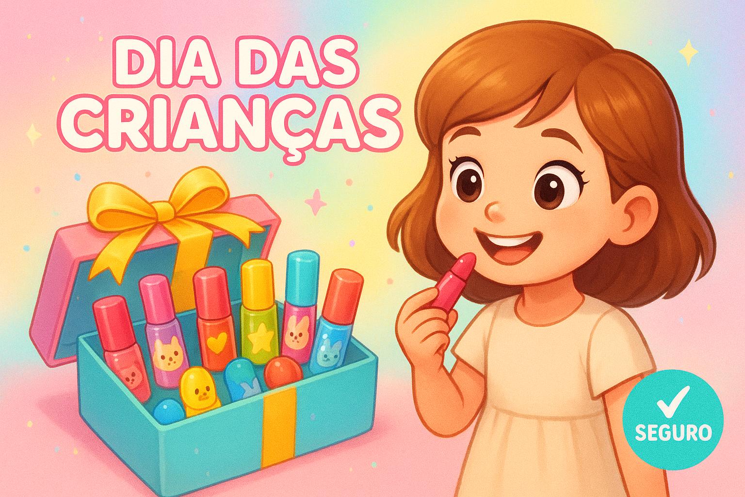 Kit 3/6 lip gloss/batônios infantis, promoção de 41% off – R$14,66 a R$22,66, frete grátis com cupom. Brinde especial Dia das Crianças. Ideal e seguro! (imagem gerada com inteligência artificial)
