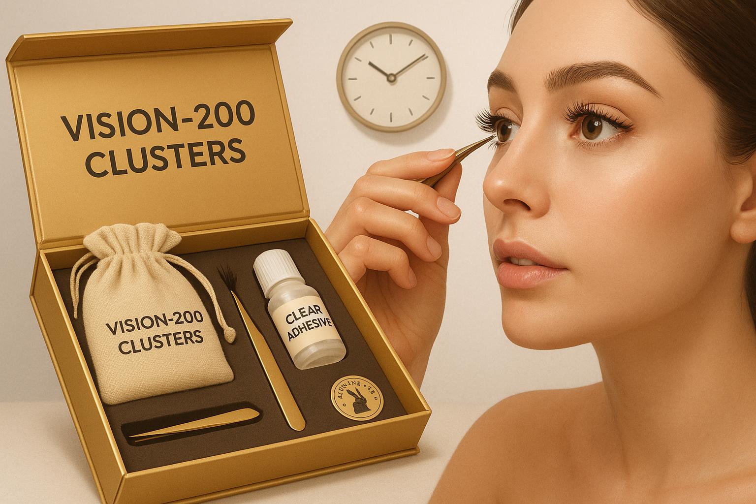 Kit DIY de clusters Vison-200: 200 aglomerados, 12P a 50P, cola, selante e pinça. 10 minutos, qualidade artesanal, cruelty‑free e prática. (imagem gerada com inteligência artificial)