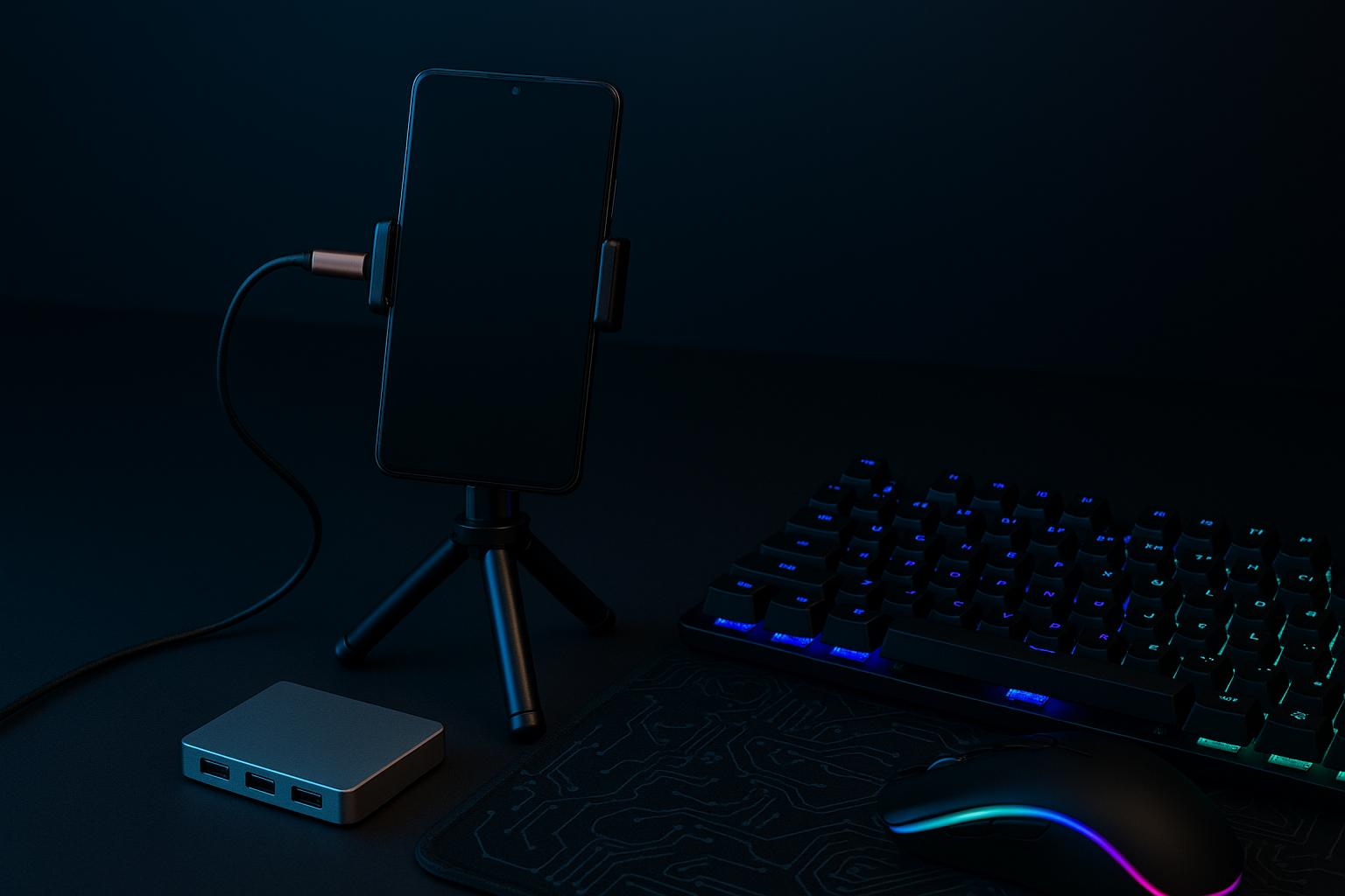 Kit mobilador completo para celular: teclado gamer RGB, mouse 1600 DPI, mouse pad estampado, hub USB‑4, tripé e cabos OTG, tudo compatível com Android. (imagem gerada com inteligência artificial)