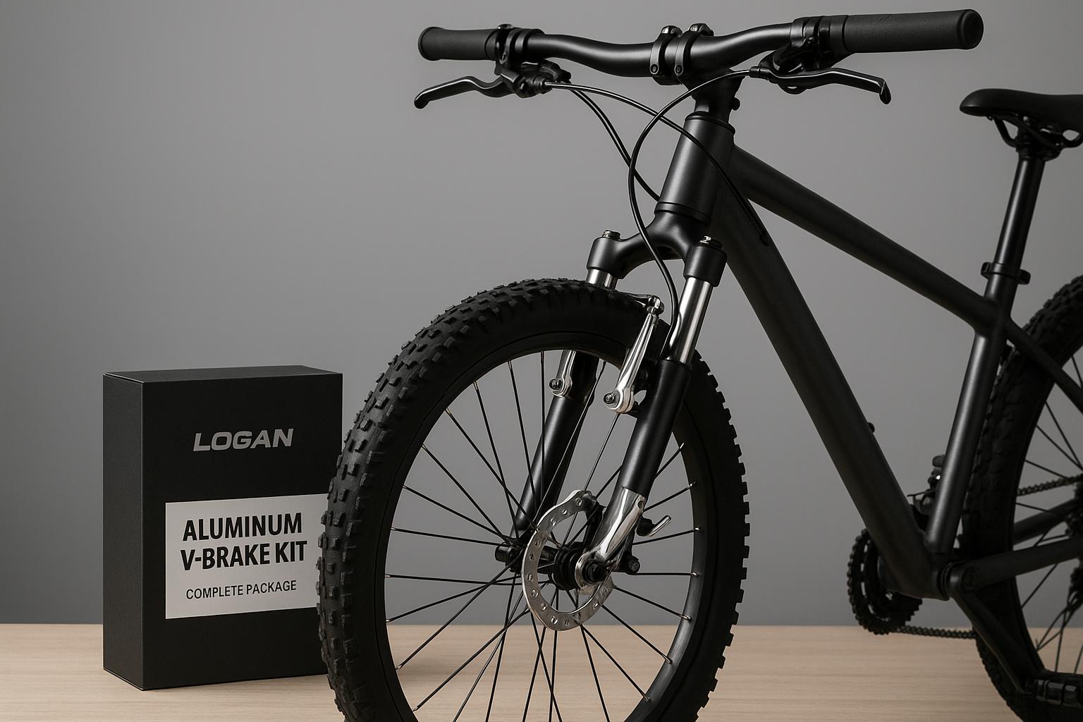 Kit V‑Brake Logan de alumínio com manetes pretos: completo, leve 458g, oferece frenagem rápida e segura, fácil ajuste, sem fluido e compatível 16‑29. (imagem gerada com inteligência artificial)