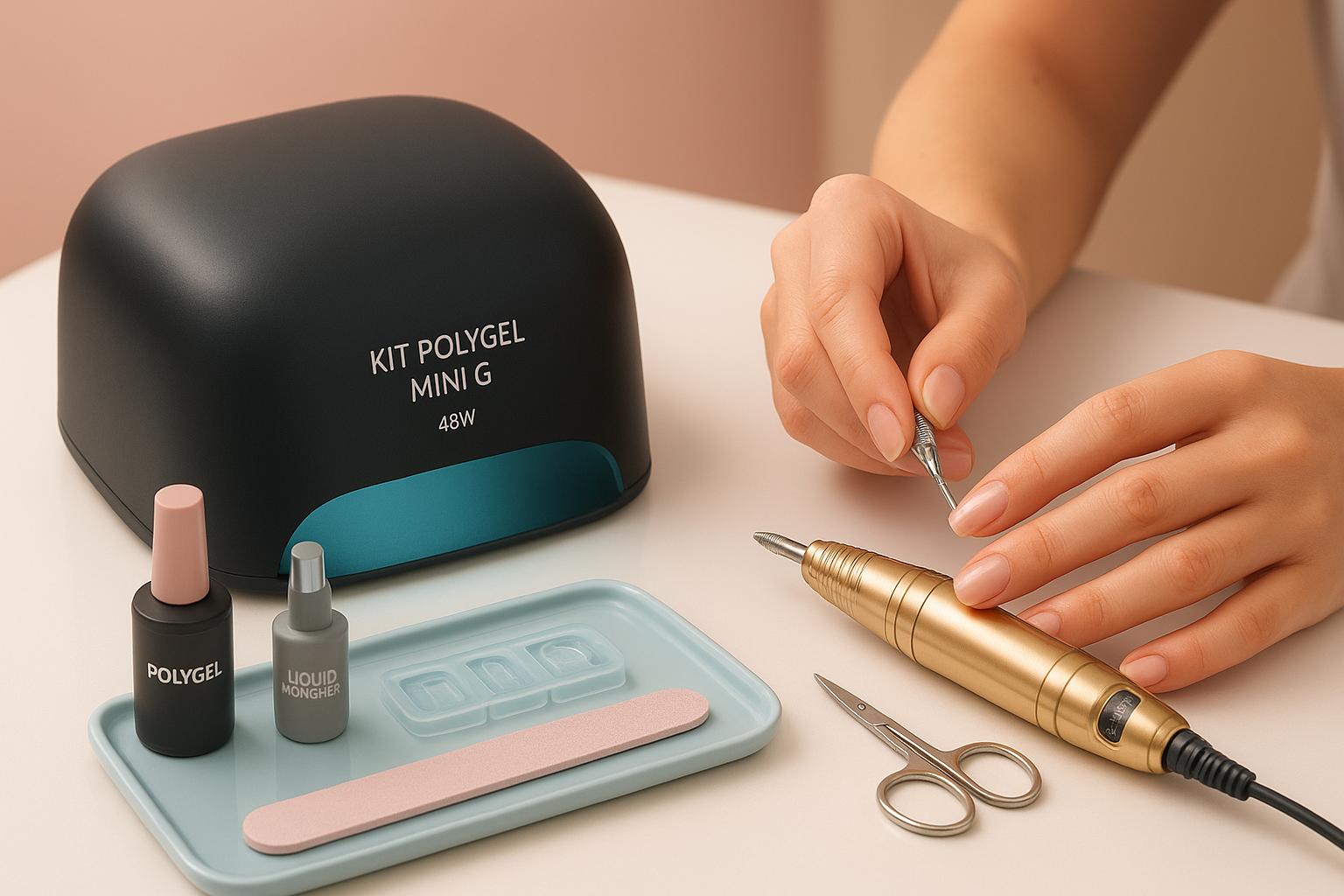 Kit completo Polygel: cabine Mini‑G 48W LED UV, lixadeira 20.000RPM, pincel, 15g polygel, molde F1, tudo para profissional ou doméstico. (imagem gerada com inteligência artificial)