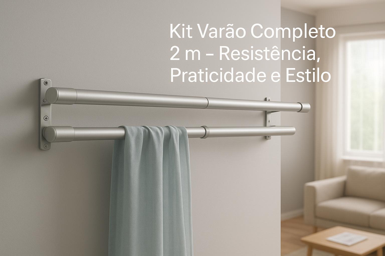 Kit varão 2m de 19mm, resistente e prático. Inclui cabos, suportes, ponteiras e manual de montagem, garantindo segurança e elegância à sua decoração. (imagem gerada com inteligência artificial)