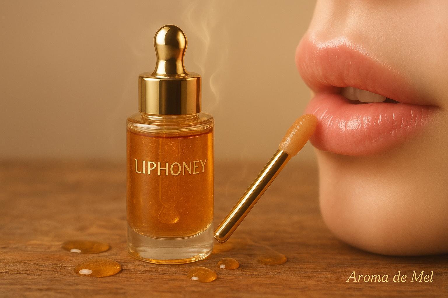 LIPHONEY Gloss Labial oferece hidratação prolongada, brilho natural e aroma de mel. Fórmula hipoalergênica com vitamina E, ponteira Chubby. Chaveiro Gramour Elegância (imagem gerada com inteligência artificial)