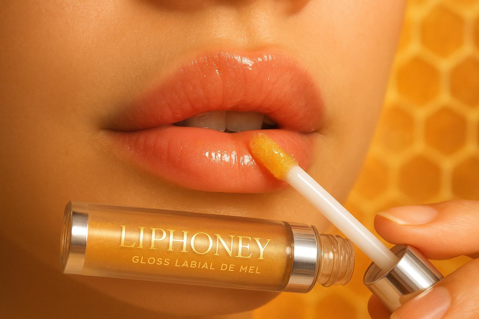 Gloss LIPHONEY de mel hidrata e protege lábios, com aroma doce, pontaria chubby, ação antioxidante e fórmula hipoalergênica para uso diário. (imagem gerada com inteligência artificial)