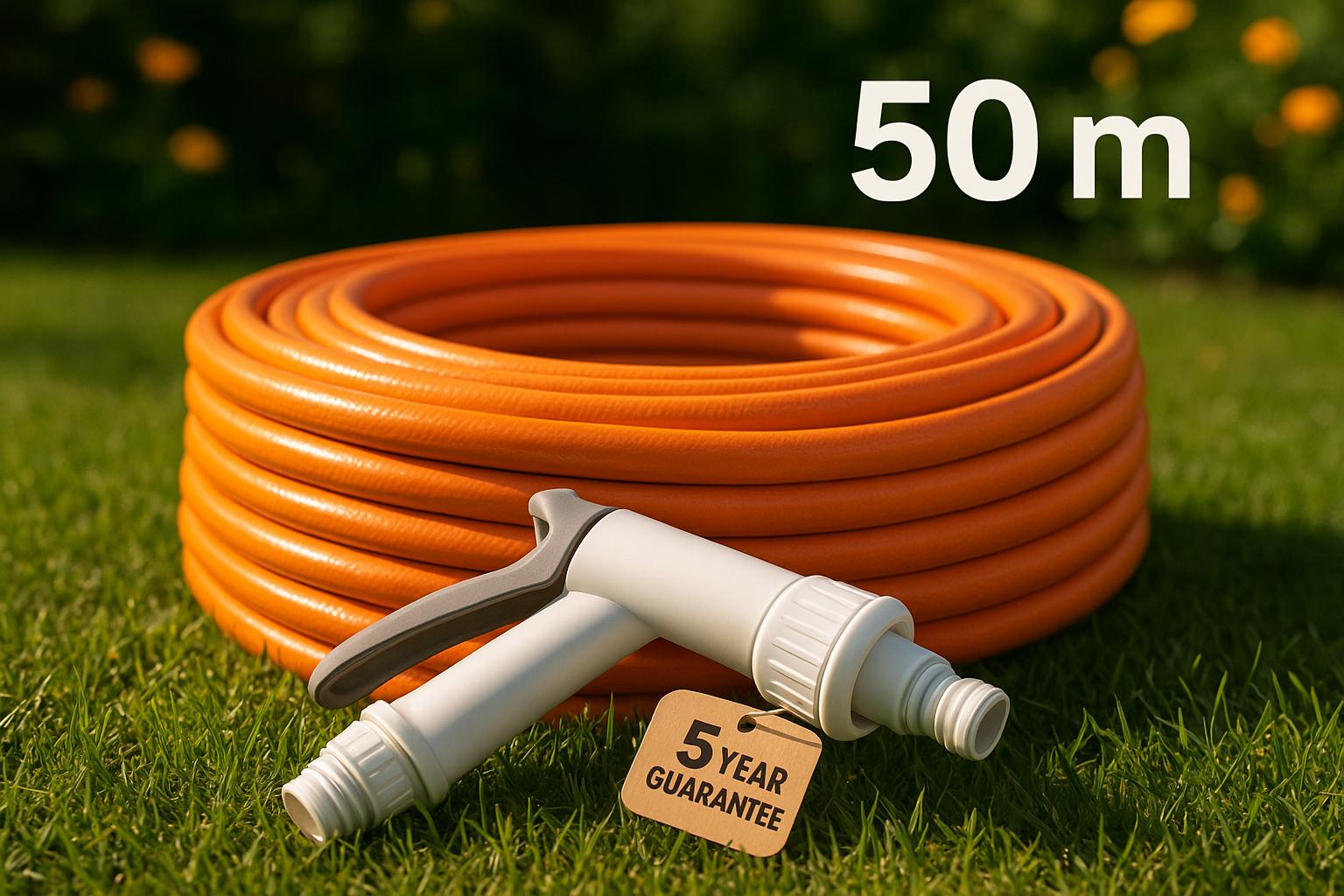Mangueira de jardim siliconada 50m, laranja, reforçada com parede de 1,5mm, sistema antitorsão, kit completo e garantia de 5 anos – perfeita para irrigação residencial. (imagem gerada com inteligência artificial)