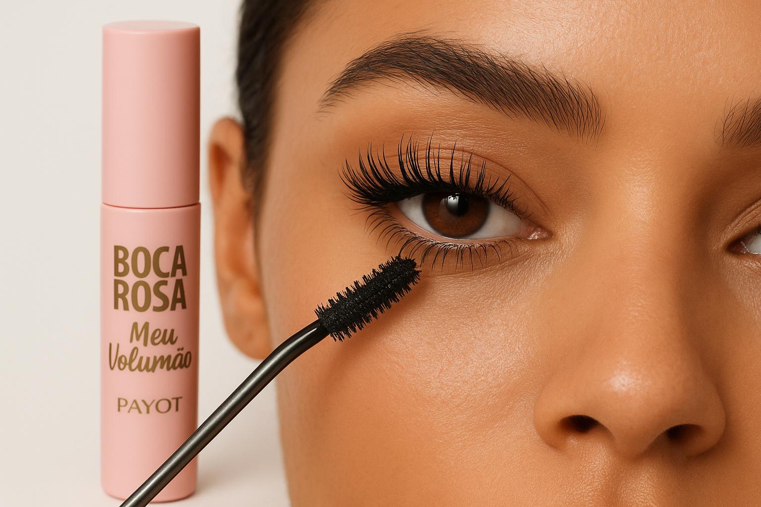 Mask Boca Rosa Meu Volumão by Payot: fórmula de ceras que dá volume, comprimento e definição em 2 camadas. Aplica-se em ziguezague, curvado, duradoura. (imagem gerada com inteligência artificial)