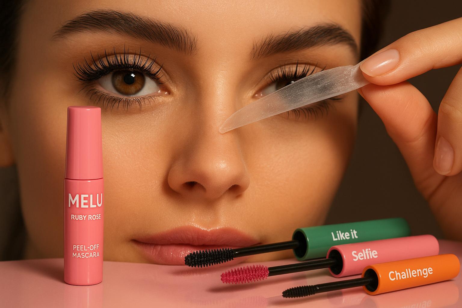 Máscara Melu Peel‑Off Ruby Rose RR‑5151: alta pigmentação, 3 aplicadores (verde, rosa, laranja) que dão volume, definição ou subtileza. Remoção limpa sem grumos. (imagem gerada com inteligência artificial)