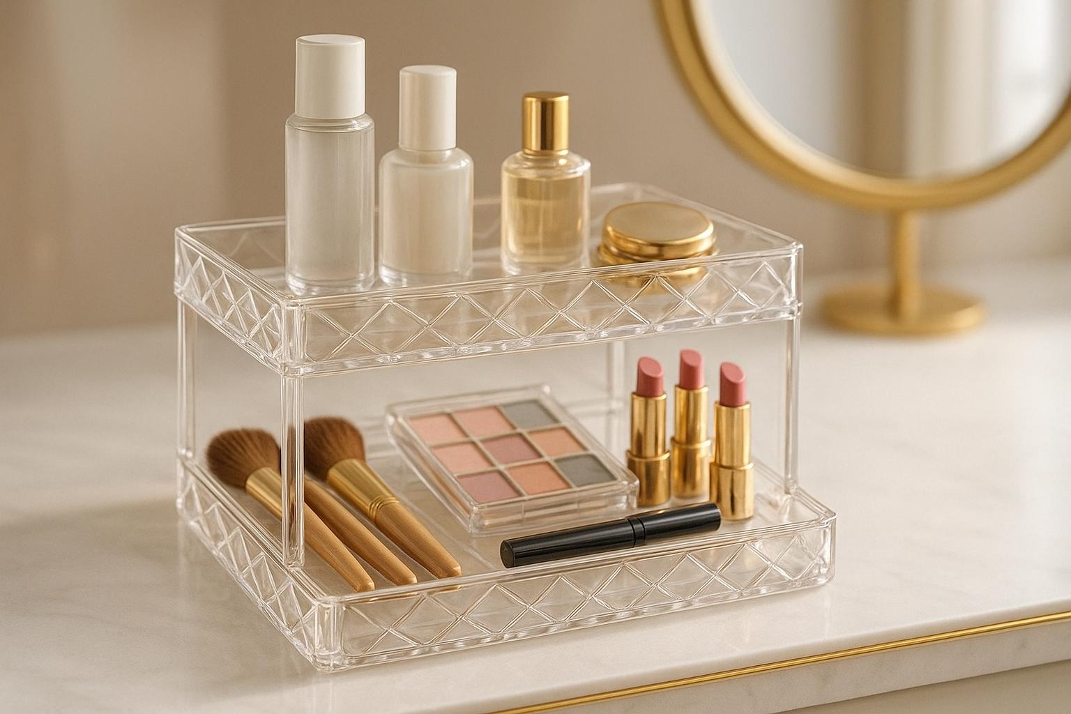 Organizador de prateleira em acrílico com duas camadas, ideal para maquiagem, cosméticos e itens de banheiro. Compacto, transparente, fácil de limpar e versátil. (imagem gerada com inteligência artificial)