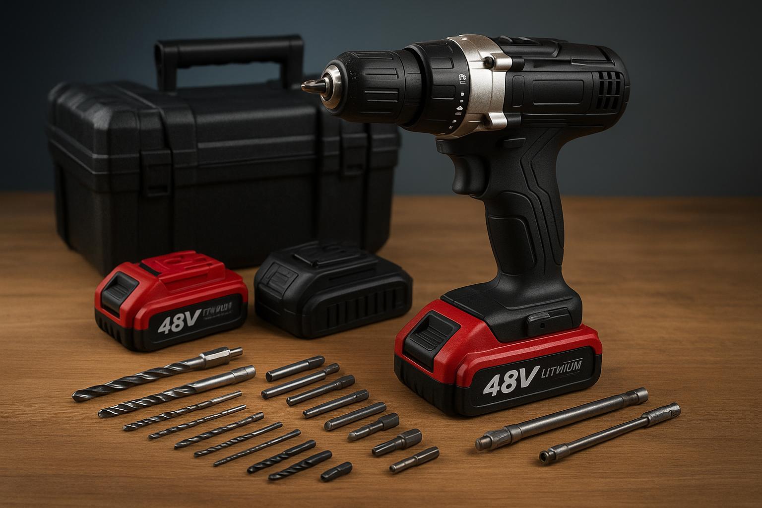 Parafusadeira 48V sem fio, 3 funções, 35 Nm torque, 2 kg, 2 baterias 3000 mAh, carregador rápido, maleta e 17 acessórios. Ideal para profissionais e DIY. (imagem gerada com inteligência artificial)